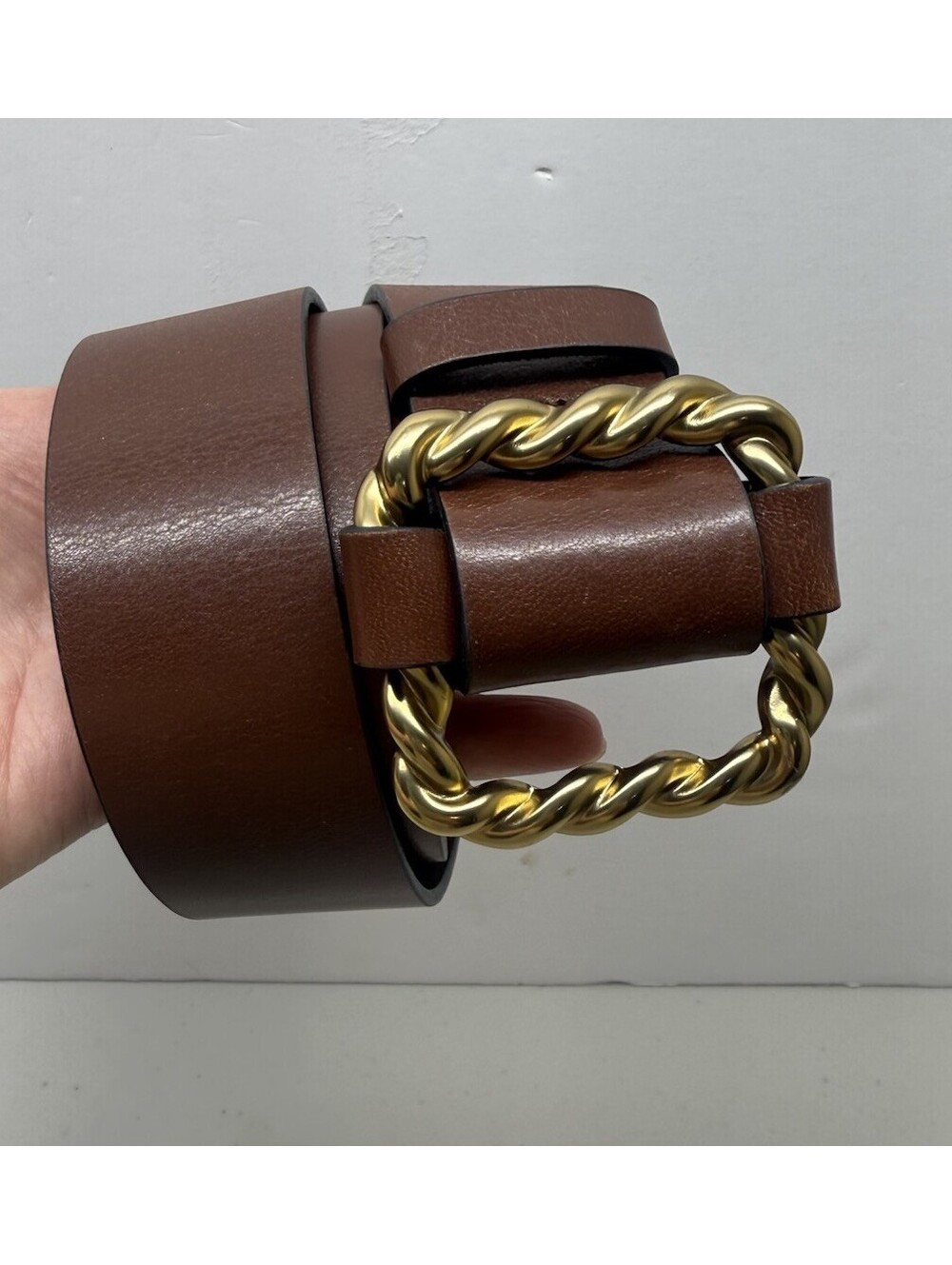 White House Black Market Womens Large Brown Leather Belt Gold Twisted Buckle